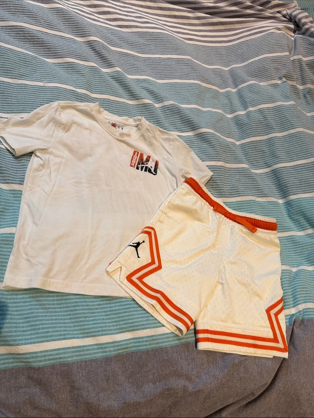 Jordan White Tee with Orange-Trim Mesh Shorts
